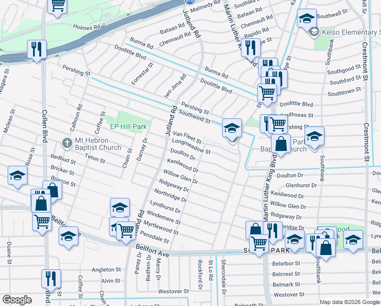 map of restaurants, bars, coffee shops, grocery stores, and more near 5213 Doulton Drive in Houston