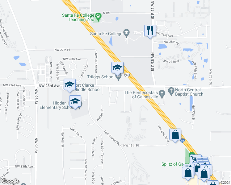map of restaurants, bars, coffee shops, grocery stores, and more near 2176 Northwest 87 Terrace in Gainesville