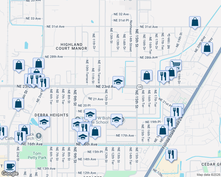 map of restaurants, bars, coffee shops, grocery stores, and more near 2130 Northeast 12th Terrace in Gainesville