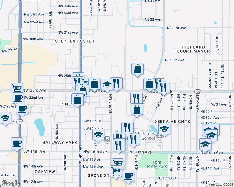map of restaurants, bars, coffee shops, grocery stores, and more near 125 Northwest 23rd Avenue in Gainesville