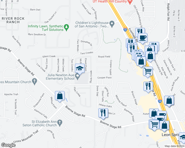 map of restaurants, bars, coffee shops, grocery stores, and more near 24642 Buck Creek in San Antonio
