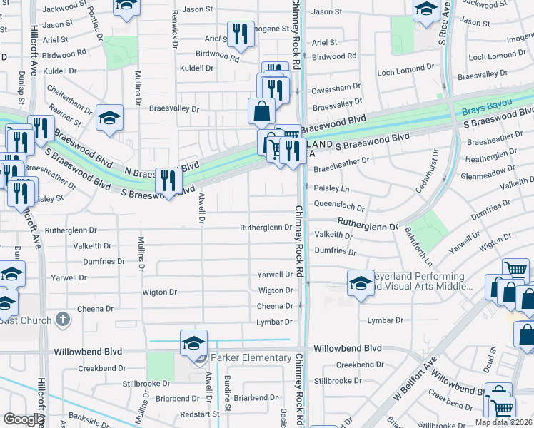 map of restaurants, bars, coffee shops, grocery stores, and more near 5444 Rutherglenn Drive in Houston