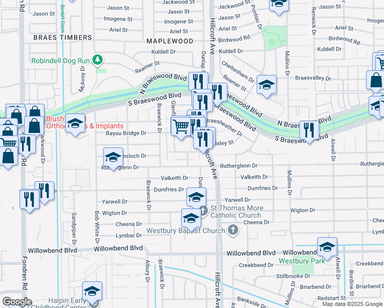 map of restaurants, bars, coffee shops, grocery stores, and more near 5934 Rutherglenn Drive in Houston