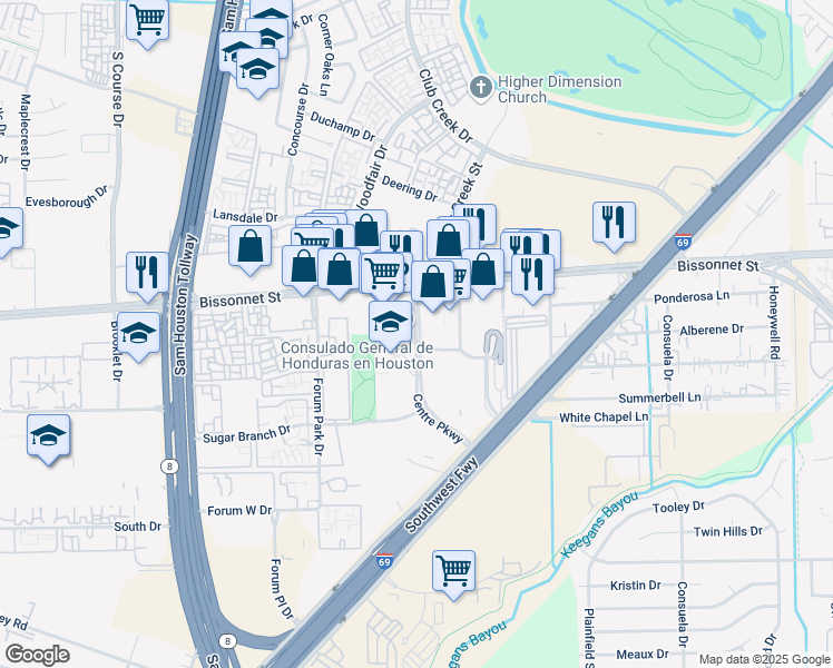 map of restaurants, bars, coffee shops, grocery stores, and more near 9800 Centre Parkway in Houston