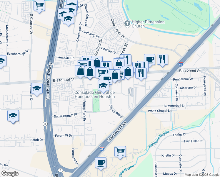 map of restaurants, bars, coffee shops, grocery stores, and more near 9800 Centre Parkway in Houston