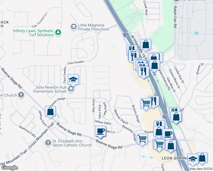 map of restaurants, bars, coffee shops, grocery stores, and more near 8006 Cooper Mill in San Antonio
