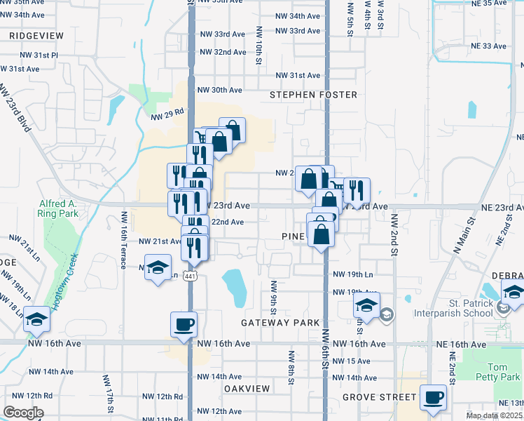 map of restaurants, bars, coffee shops, grocery stores, and more near 2155 Northwest 10th Street in Gainesville