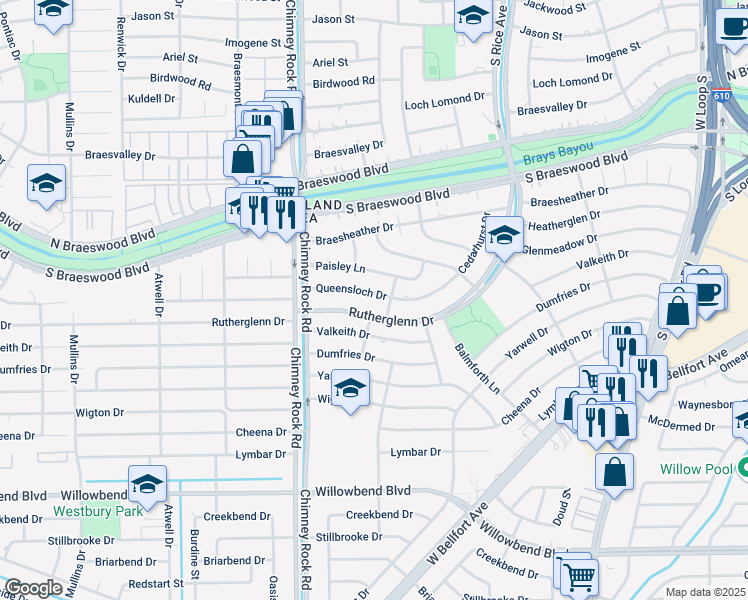 map of restaurants, bars, coffee shops, grocery stores, and more near 5307 Rutherglenn Drive in Houston