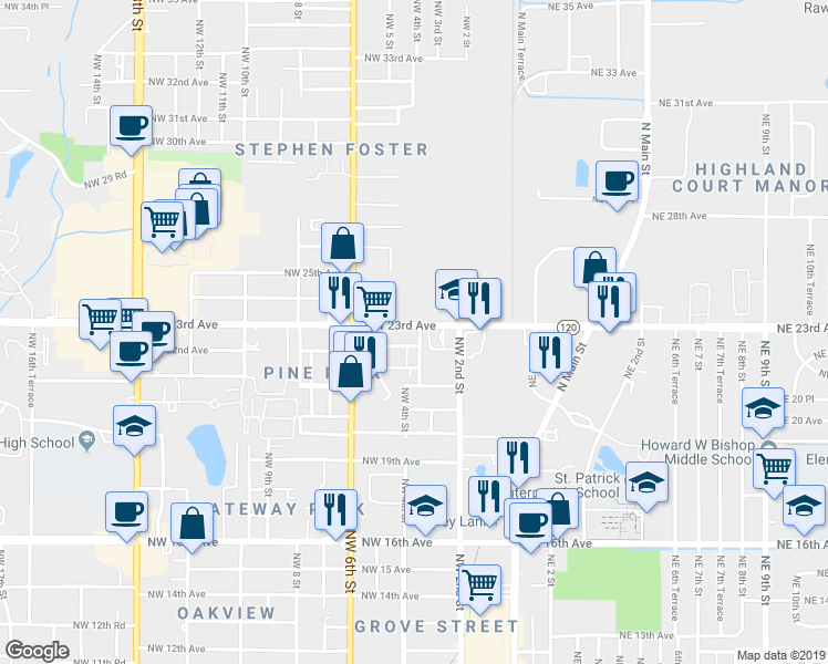 map of restaurants, bars, coffee shops, grocery stores, and more near 409 Northwest 21st Lane in Gainesville