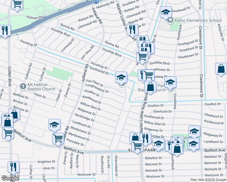 map of restaurants, bars, coffee shops, grocery stores, and more near 5321 Doulton Drive in Houston