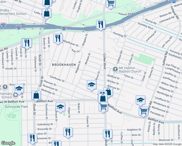 map of restaurants, bars, coffee shops, grocery stores, and more near 4530-4598 Bricker Street in Houston