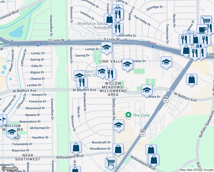 map of restaurants, bars, coffee shops, grocery stores, and more near in Houston