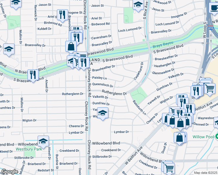 map of restaurants, bars, coffee shops, grocery stores, and more near 5307 Rutherglenn Drive in Houston