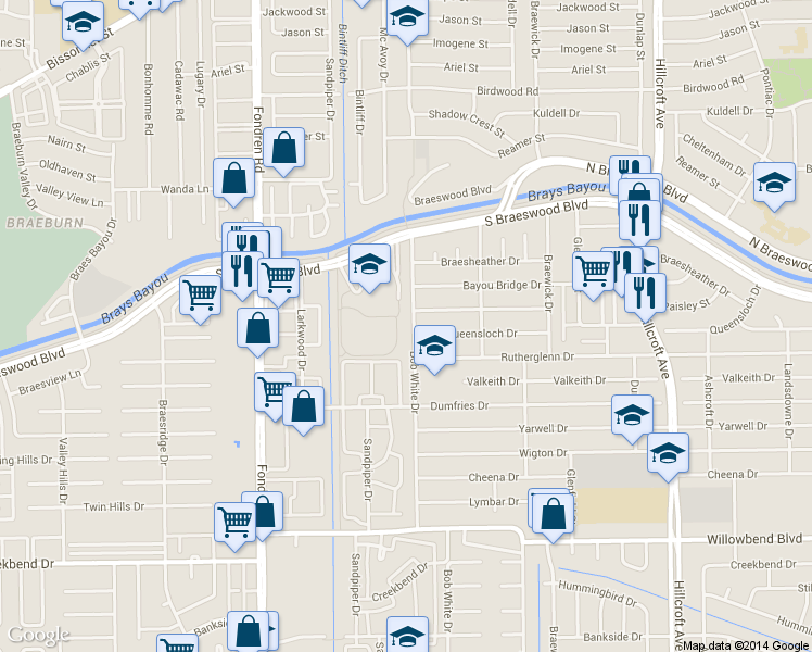 map of restaurants, bars, coffee shops, grocery stores, and more near 9818 Bob White Drive in Houston