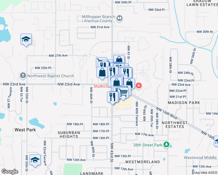 map of restaurants, bars, coffee shops, grocery stores, and more near 2172-2184 Northwest 43rd Street in Gainesville