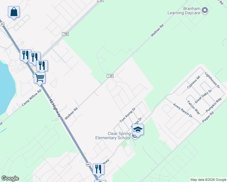 map of restaurants, bars, coffee shops, grocery stores, and more near 1456 Weltner Road in New Braunfels