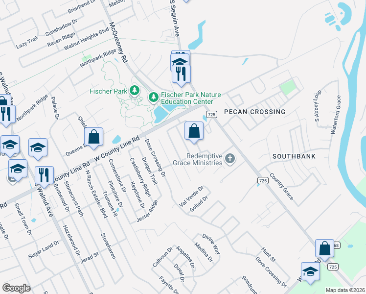 map of restaurants, bars, coffee shops, grocery stores, and more near 235 Chapel Bend in New Braunfels