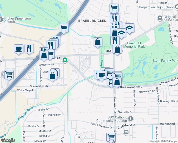 map of restaurants, bars, coffee shops, grocery stores, and more near 9707 Braeburn Glen Boulevard in Houston