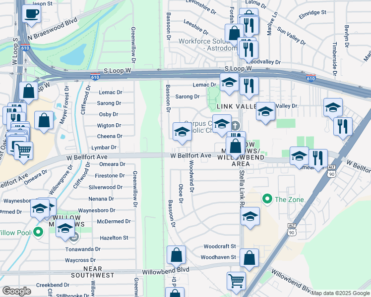 map of restaurants, bars, coffee shops, grocery stores, and more near 4135 West Bellfort Street in Houston