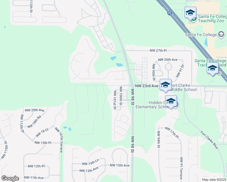 map of restaurants, bars, coffee shops, grocery stores, and more near 2143 Northwest 101st Street in Gainesville