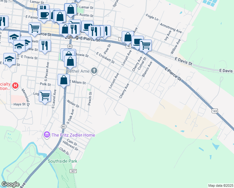 map of restaurants, bars, coffee shops, grocery stores, and more near 1327 East Milam Street in Luling
