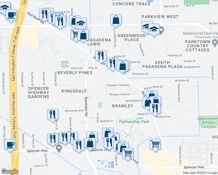 map of restaurants, bars, coffee shops, grocery stores, and more near 2606 Mill Creek Drive in Pasadena