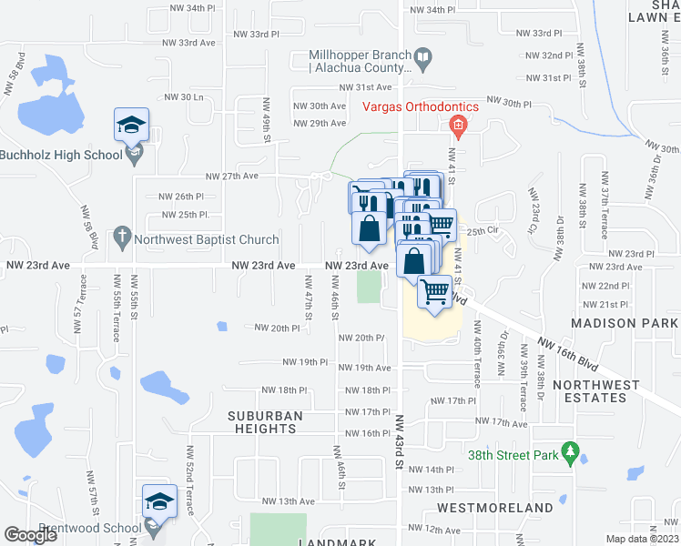 map of restaurants, bars, coffee shops, grocery stores, and more near 2231 Northwest 46th Street in Gainesville