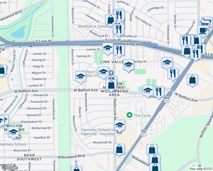 map of restaurants, bars, coffee shops, grocery stores, and more near 4010 West Bellfort Street in Houston