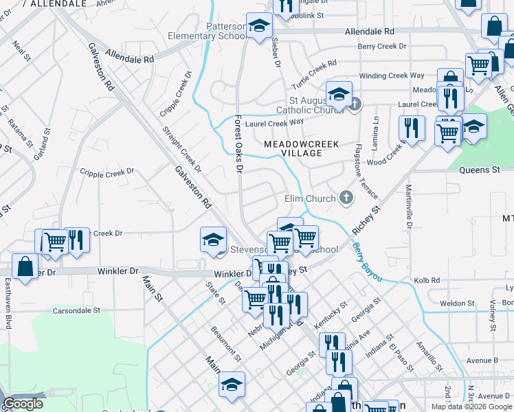 map of restaurants, bars, coffee shops, grocery stores, and more near 5419 Timber Creek Drive in Houston