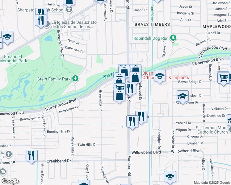map of restaurants, bars, coffee shops, grocery stores, and more near 7655 South Braeswood Boulevard in Houston