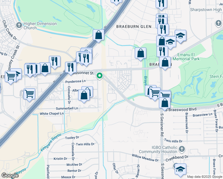 map of restaurants, bars, coffee shops, grocery stores, and more near 33 South Braeswood Boulevard in Houston