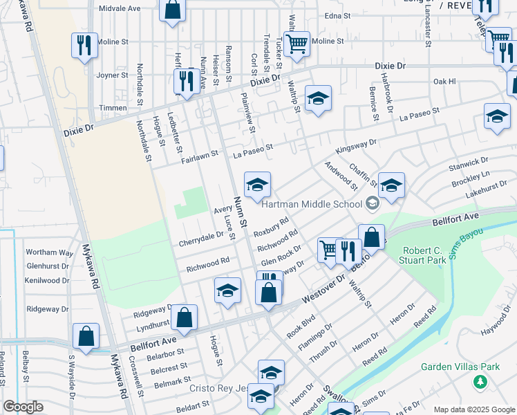 map of restaurants, bars, coffee shops, grocery stores, and more near 6701 Roxbury Road in Houston