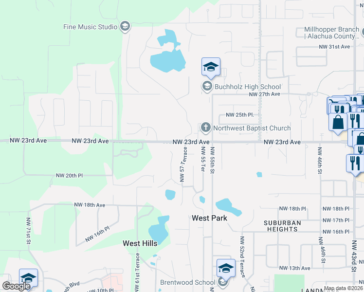 map of restaurants, bars, coffee shops, grocery stores, and more near 5630 Northwest 23rd Avenue in Gainesville