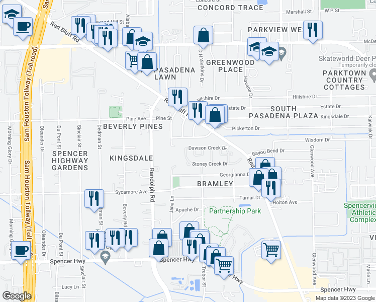 map of restaurants, bars, coffee shops, grocery stores, and more near 6207 Stoney Creek Drive in Pasadena
