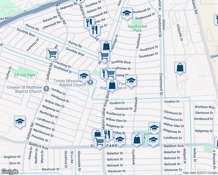 map of restaurants, bars, coffee shops, grocery stores, and more near Martin Luther King Blvd & Van Fleet St in Houston