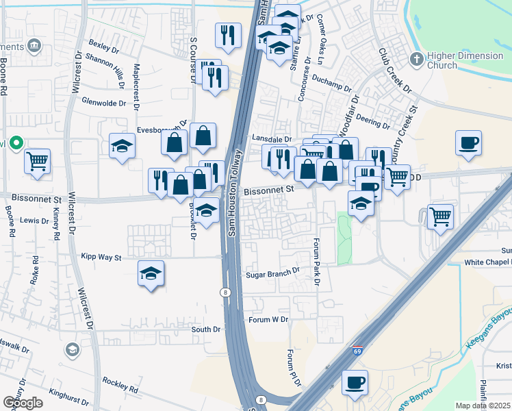 map of restaurants, bars, coffee shops, grocery stores, and more near in Houston