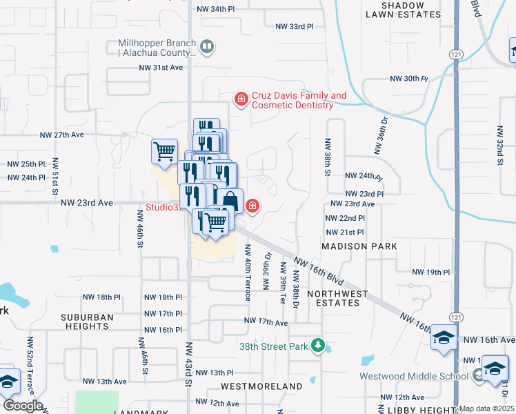 map of restaurants, bars, coffee shops, grocery stores, and more near 2431 Northwest 41 Street in Gainesville