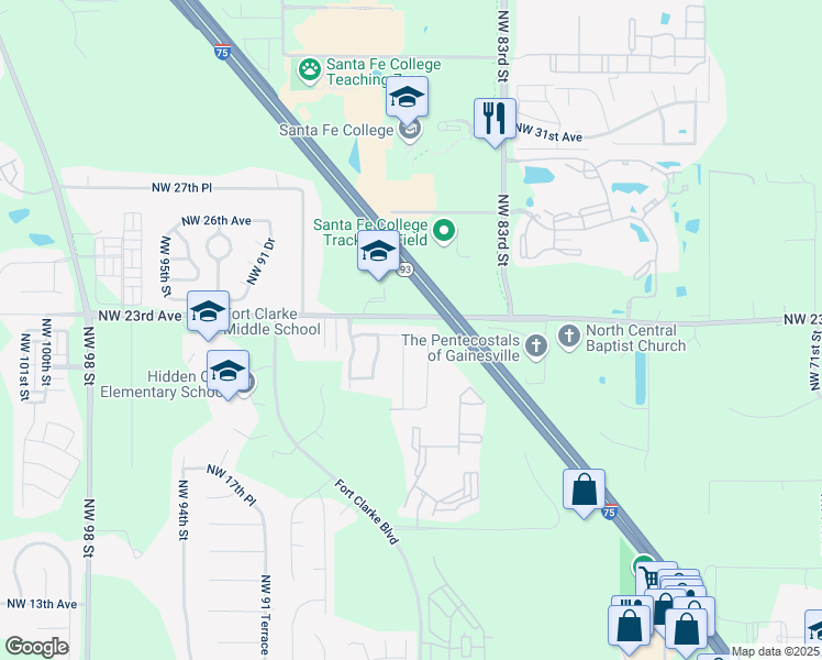 map of restaurants, bars, coffee shops, grocery stores, and more near 8616 Northwest 22nd Avenue in Gainesville