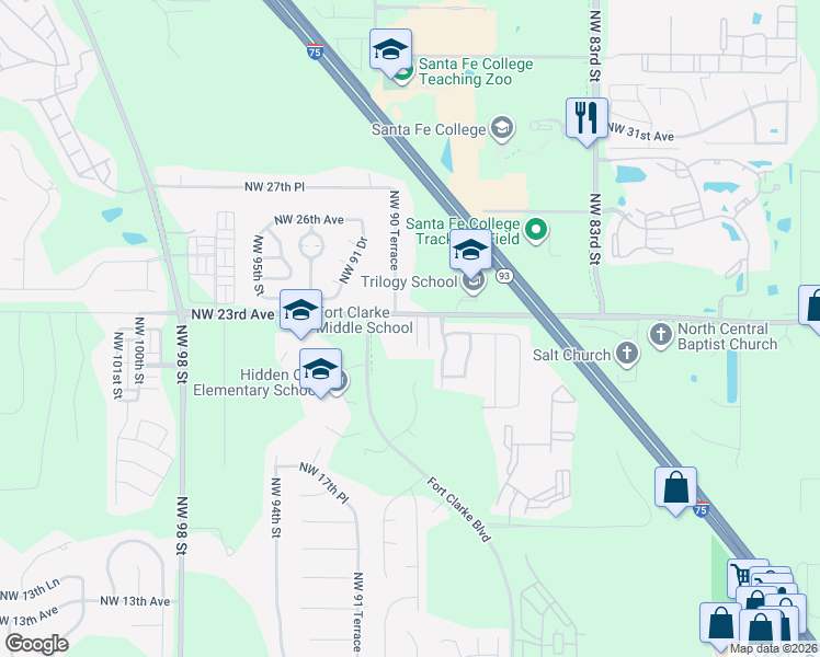 map of restaurants, bars, coffee shops, grocery stores, and more near 2141 Northwest 87 Terrace in Gainesville