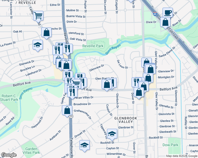 map of restaurants, bars, coffee shops, grocery stores, and more near 7614 Montglen Drive in Houston