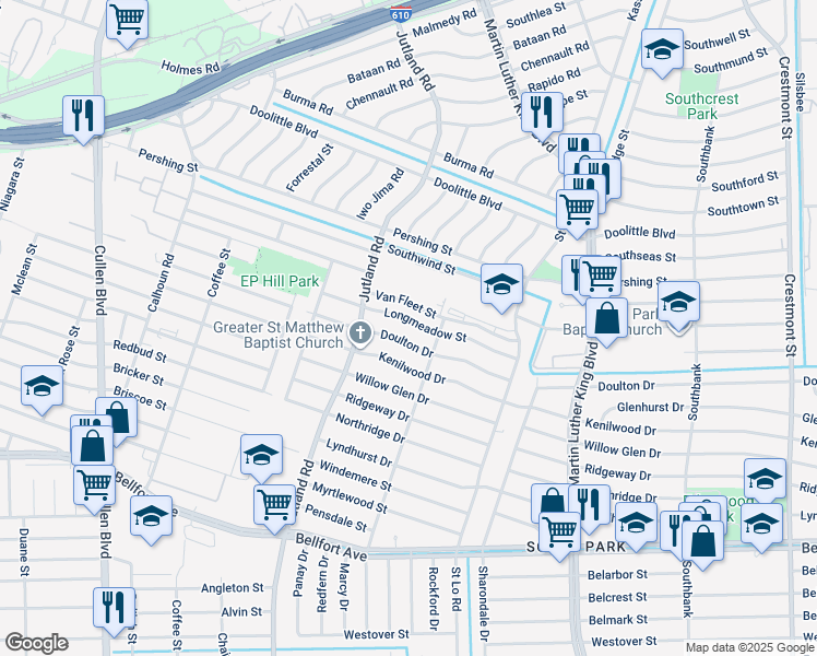 map of restaurants, bars, coffee shops, grocery stores, and more near 5213 Longmeadow Street in Houston