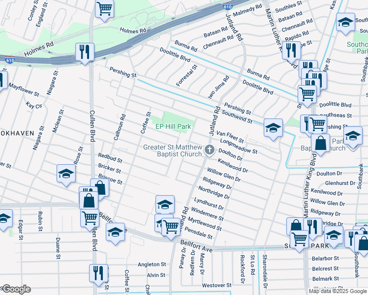map of restaurants, bars, coffee shops, grocery stores, and more near 7622 Darnay Drive in Houston
