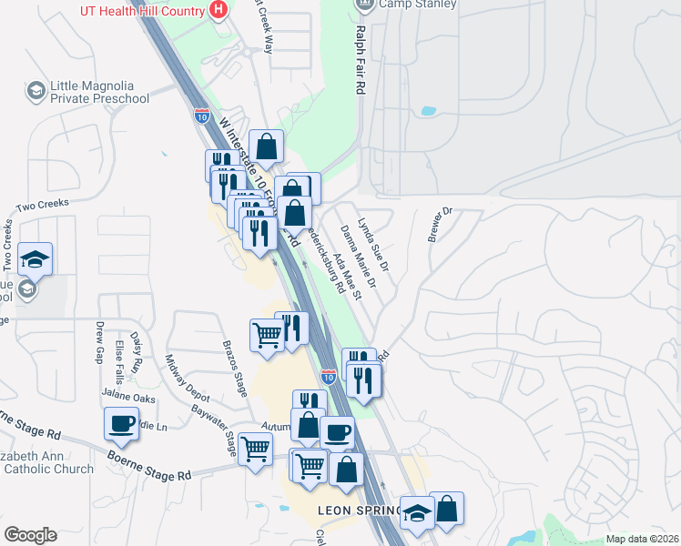 map of restaurants, bars, coffee shops, grocery stores, and more near 25118 Ada Mae Street in San Antonio