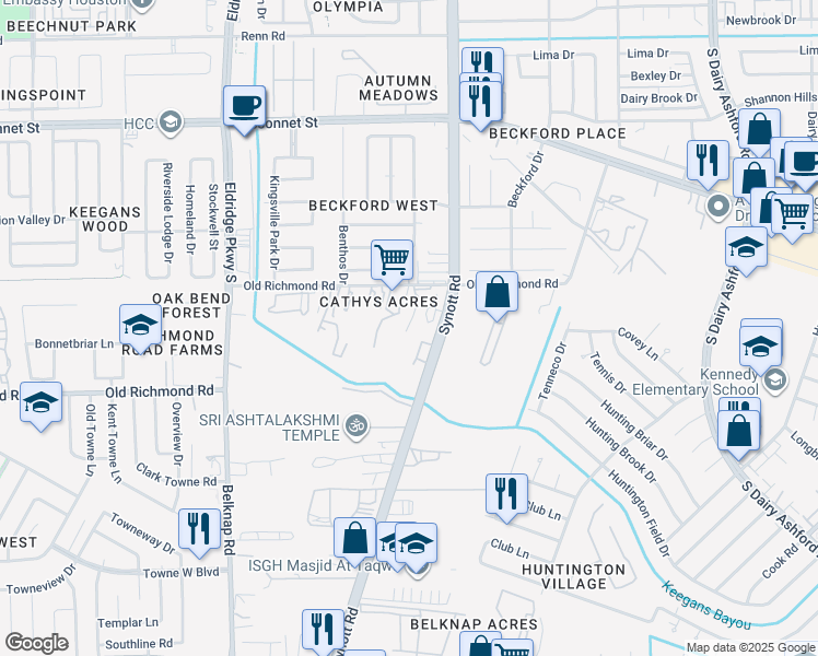 map of restaurants, bars, coffee shops, grocery stores, and more near 13215 Old Richmond Road in Houston