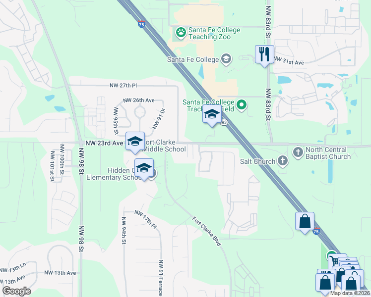 map of restaurants, bars, coffee shops, grocery stores, and more near 2141 Northwest 87 Terrace in Gainesville