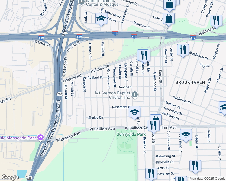 map of restaurants, bars, coffee shops, grocery stores, and more near 8110 Woodward Street in Houston