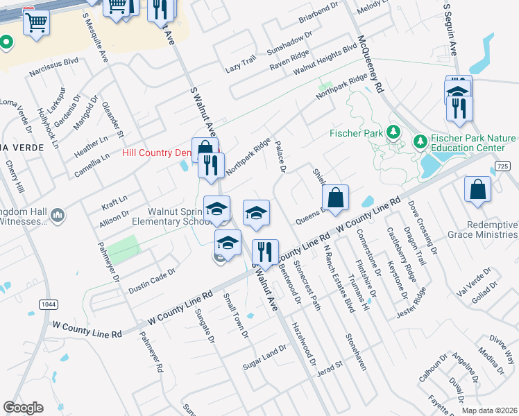 map of restaurants, bars, coffee shops, grocery stores, and more near 1878 Baron Drive in New Braunfels