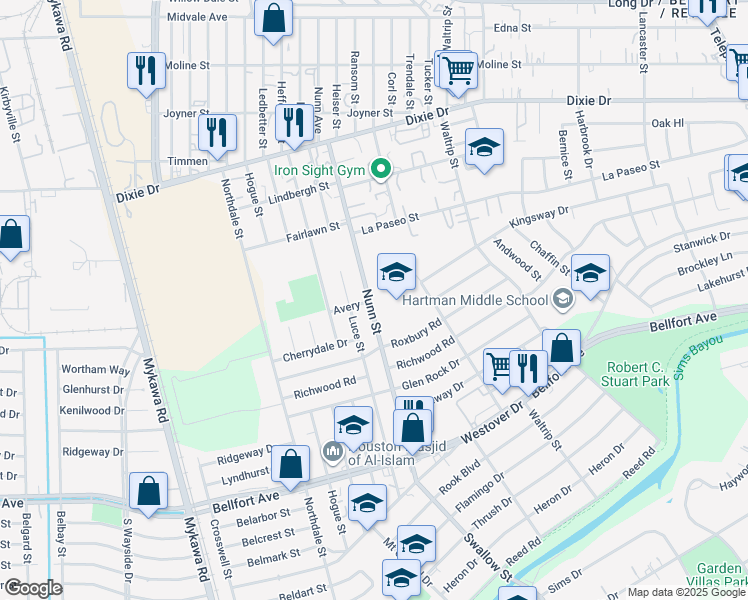 map of restaurants, bars, coffee shops, grocery stores, and more near 6301 Nunn Street in Houston