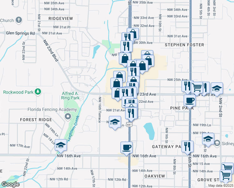 map of restaurants, bars, coffee shops, grocery stores, and more near 1420 Northwest 23rd Avenue in Gainesville