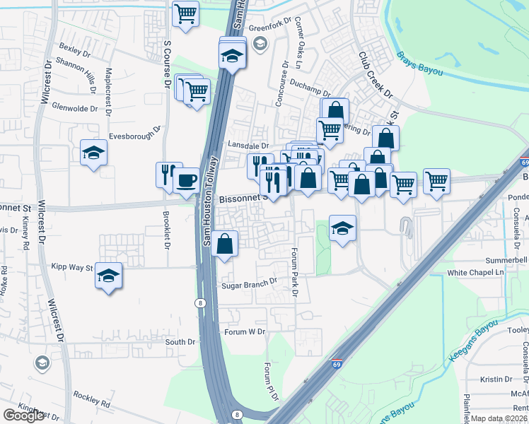 map of restaurants, bars, coffee shops, grocery stores, and more near 10111 Bissonnet Street in Houston